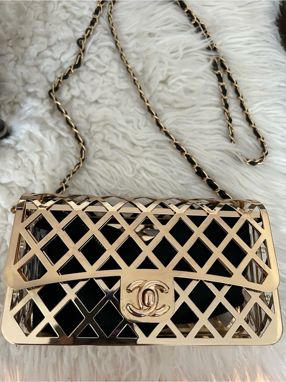 Gold Lattice Crossbody Bag with Black Inner Pouch